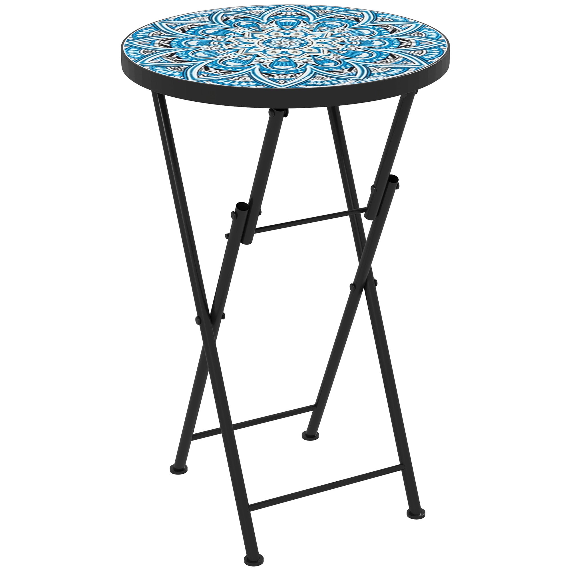 Folding Side Table Garden Table with Mosaic Design, Ø35.5 x 55 cm Round Weatherproof Metal Balcony Table, Camping Table Folding Table Coffee Table for Living Room Office Outdoor Indoor, Blue
