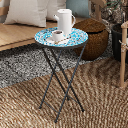 Folding Side Table Garden Table with Mosaic Design, Ø35.5 x 55 cm Round Weatherproof Metal Balcony Table, Camping Table Folding Table Coffee Table for Living Room Office Outdoor Indoor, Blue