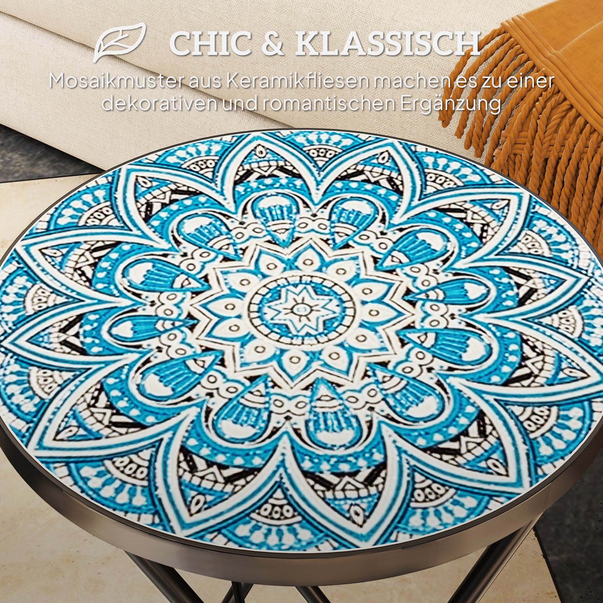Folding Side Table Garden Table with Mosaic Design, Ø35.5 x 55 cm Round Weatherproof Metal Balcony Table, Camping Table Folding Table Coffee Table for Living Room Office Outdoor Indoor, Blue