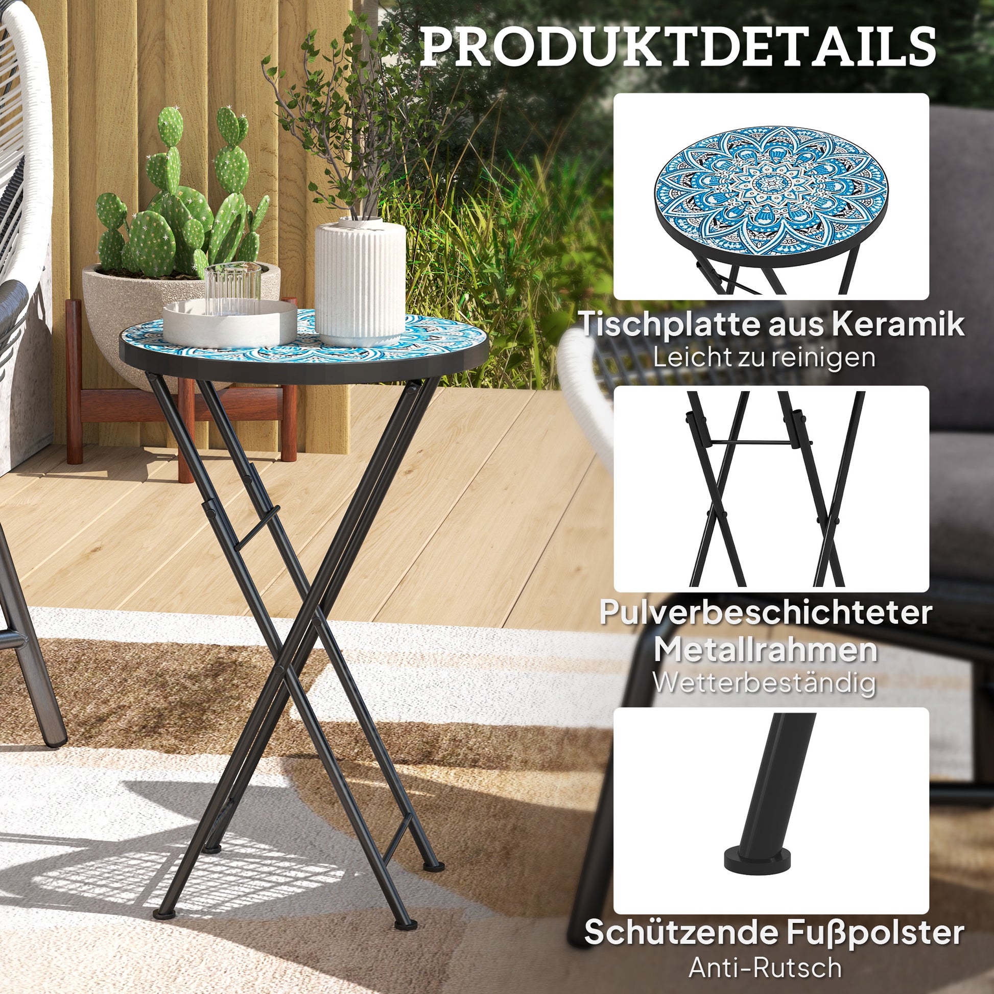 Folding Side Table Garden Table with Mosaic Design, Ø35.5 x 55 cm Round Weatherproof Metal Balcony Table, Camping Table Folding Table Coffee Table for Living Room Office Outdoor Indoor, Blue
