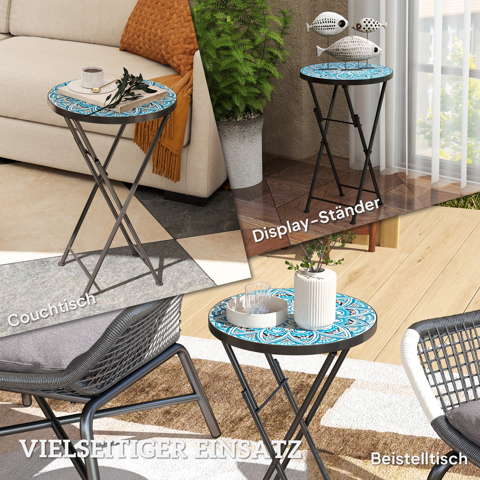 Folding Side Table Garden Table with Mosaic Design, Ø35.5 x 55 cm Round Weatherproof Metal Balcony Table, Camping Table Folding Table Coffee Table for Living Room Office Outdoor Indoor, Blue