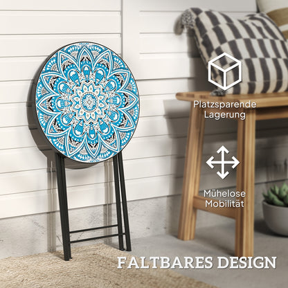 Folding Side Table Garden Table with Mosaic Design, Ø35.5 x 55 cm Round Weatherproof Metal Balcony Table, Camping Table Folding Table Coffee Table for Living Room Office Outdoor Indoor, Blue