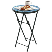 Folding Side Table Garden Table with Mosaic Design, Ø35.5 x 55 cm Round Weatherproof Metal Balcony Table, Camping Table Folding Table Coffee Table for Living Room Office Outdoor Indoor, Blue