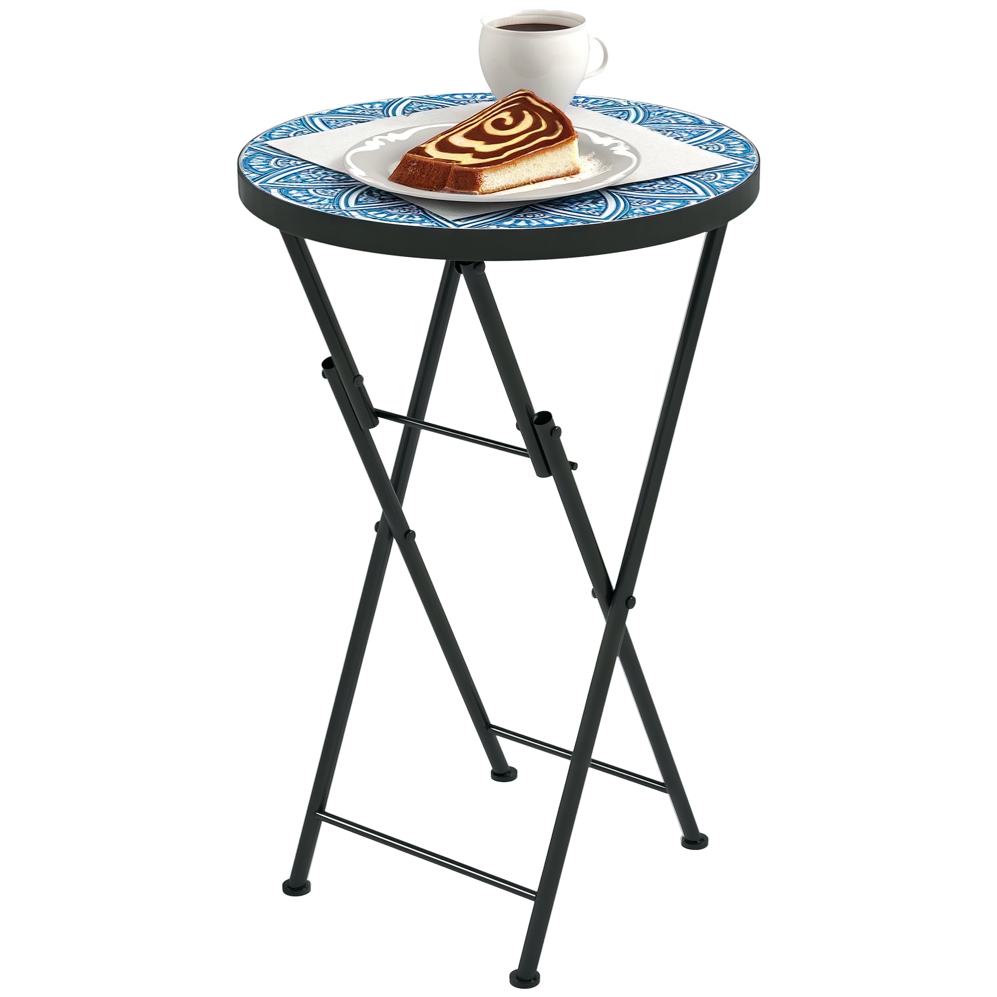 Folding Side Table Garden Table with Mosaic Design, Ø35.5 x 55 cm Round Weatherproof Metal Balcony Table, Camping Table Folding Table Coffee Table for Living Room Office Outdoor Indoor, Blue