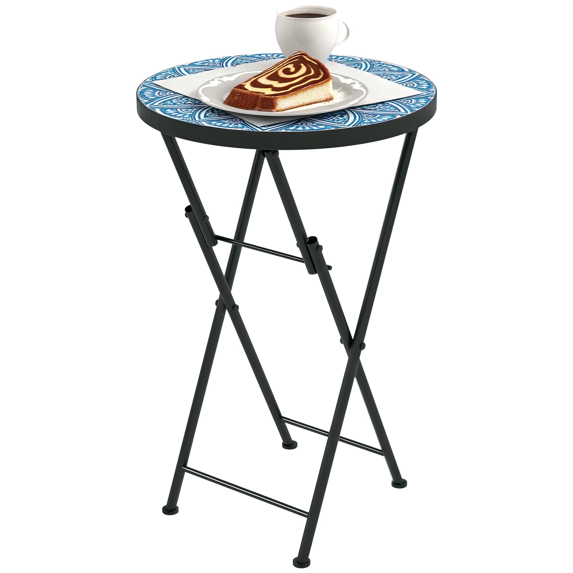 Folding Side Table Garden Table with Mosaic Design, Ø35.5 x 55 cm Round Weatherproof Metal Balcony Table, Camping Table Folding Table Coffee Table for Living Room Office Outdoor Indoor, Blue