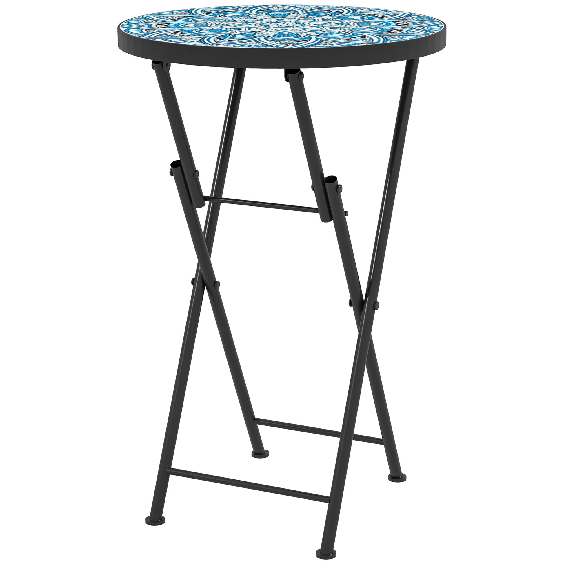 Folding Side Table Garden Table with Mosaic Design, Ø35.5 x 55 cm Round Weatherproof Metal Balcony Table, Camping Table Folding Table Coffee Table for Living Room Office Outdoor Indoor, Blue