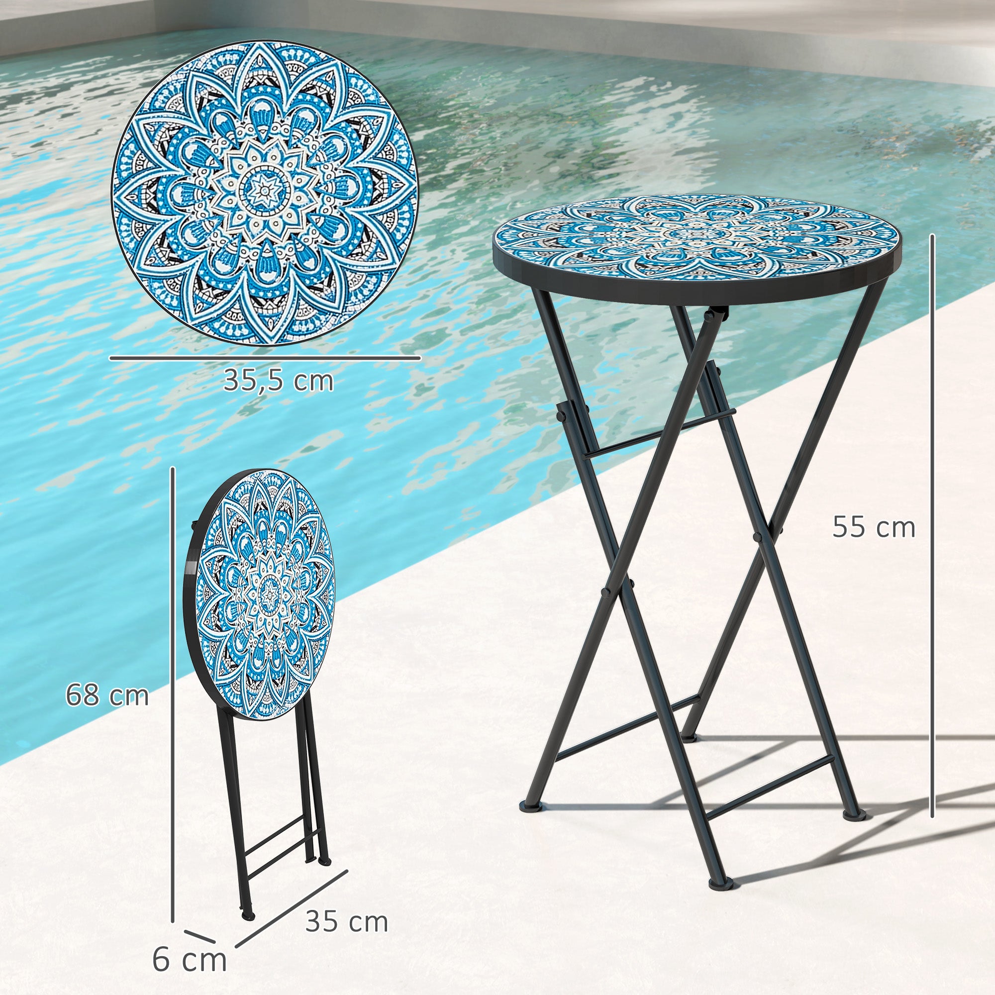 Folding Side Table Garden Table with Mosaic Design, Ø35.5 x 55 cm Round Weatherproof Metal Balcony Table, Camping Table Folding Table Coffee Table for Living Room Office Outdoor Indoor, Blue