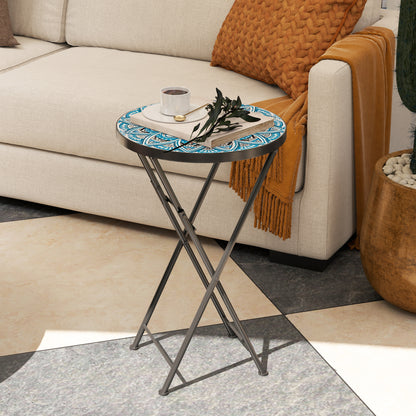 Folding Side Table Garden Table with Mosaic Design, Ø35.5 x 55 cm Round Weatherproof Metal Balcony Table, Camping Table Folding Table Coffee Table for Living Room Office Outdoor Indoor, Blue