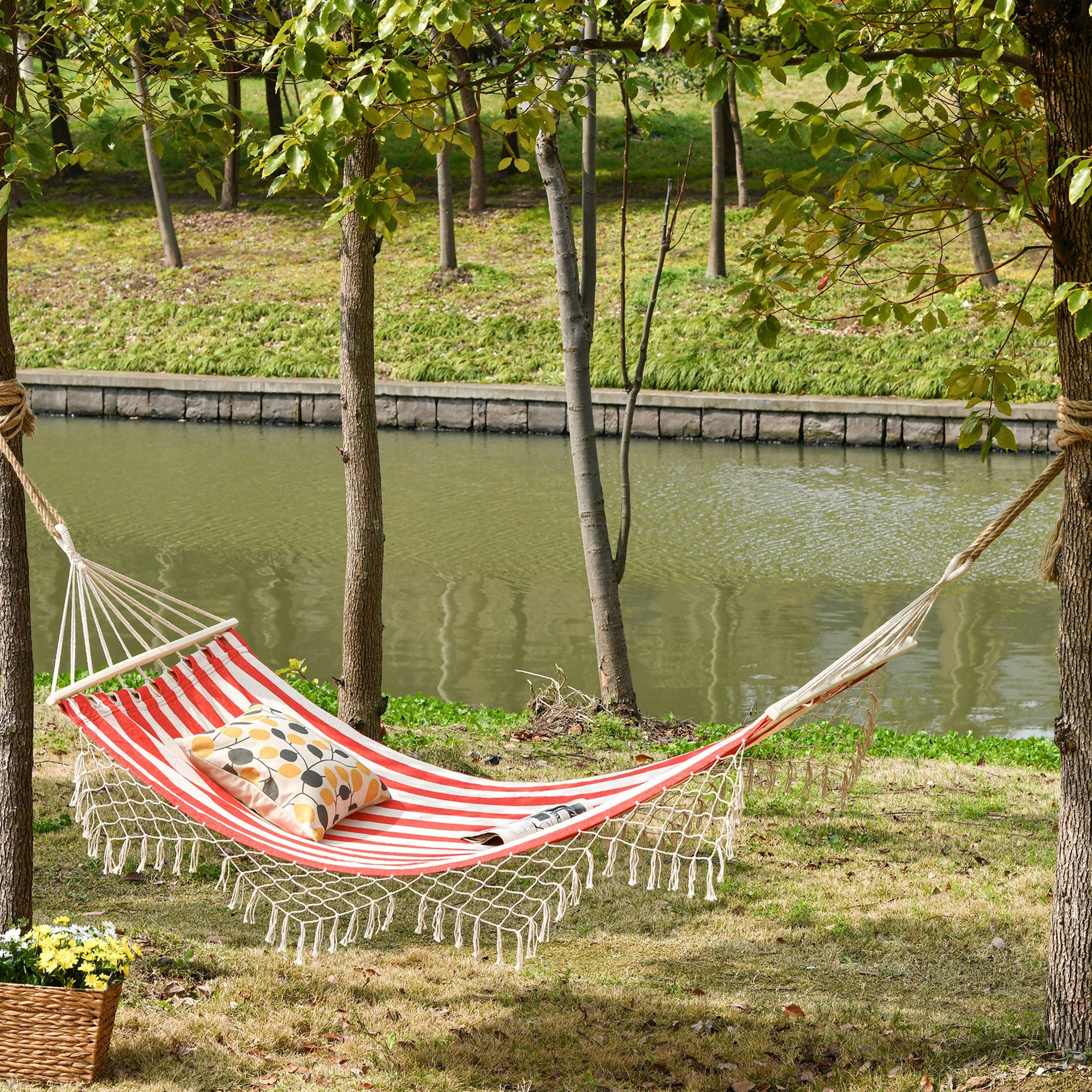 Portable Travel Hammock Hippie Chic Style Canvas 2L x 1W m Cotton Polyester Red Cream Striped