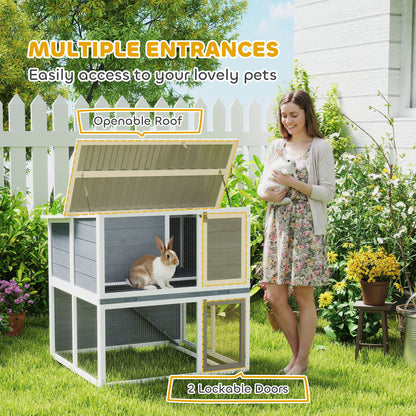 2-Tier Wooden Rabbit Hutch with Run, Weatherproof Roof, Ramp & Doors, 98 × 95 × 102.5 cm — Gray