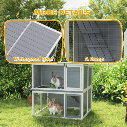 2-Tier Wooden Rabbit Hutch with Run, Weatherproof Roof, Ramp & Doors, 98 × 95 × 102.5 cm — Gray