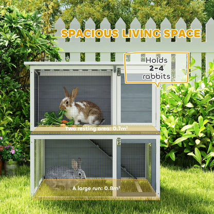 2-Tier Wooden Rabbit Hutch with Run, Weatherproof Roof, Ramp & Doors, 98 × 95 × 102.5 cm — Gray