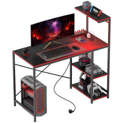 Gaming Desk with LED Lights 110x50 cm Carbon Fiber Gaming Desk with Power Outlets Shelves and Remote Control for Office Study Black