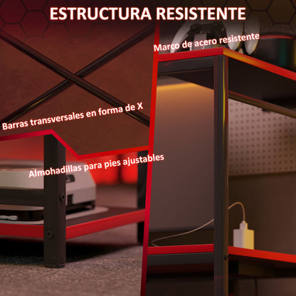 Gaming Desk with LED Lights 110x50 cm Carbon Fiber Gaming Desk with Power Outlets Shelves and Remote Control for Office Study Black