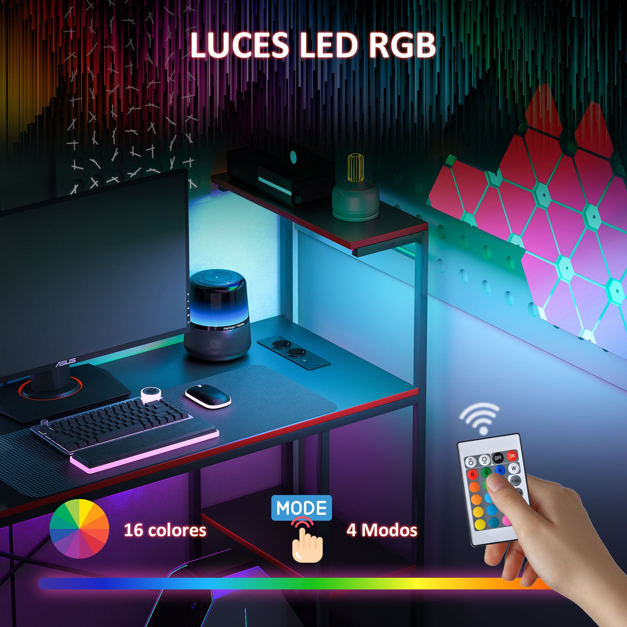 Gaming Desk with LED Lights 110x50 cm Carbon Fiber Gaming Desk with Power Outlets Shelves and Remote Control for Office Study Black