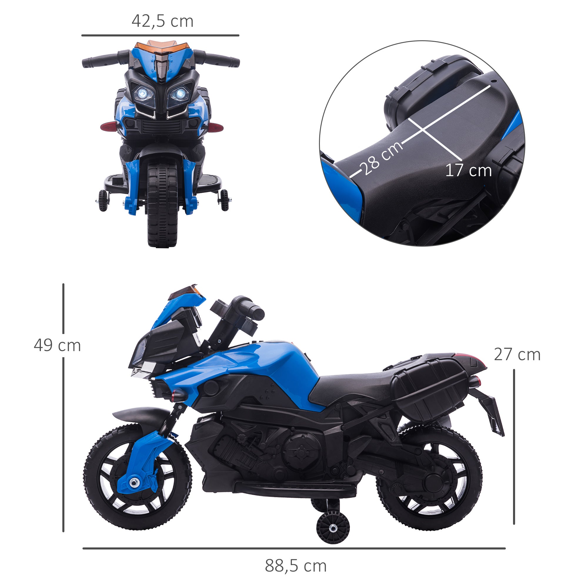 Electric Children's Vehicle 6 V 3 Km/h Light and Sound Effects Detachable Wheels Footrests Side Pockets Metal PP Blue Black