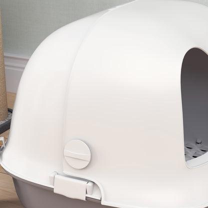 Cat Litter Box, Cat Toilet House, Semi-Enclosed Channel, with Door, Shovel, Front Open Roof, Sand Fall Holes, Easy Cleaning, 58 x 46 x 39 cm, Light Grey and White