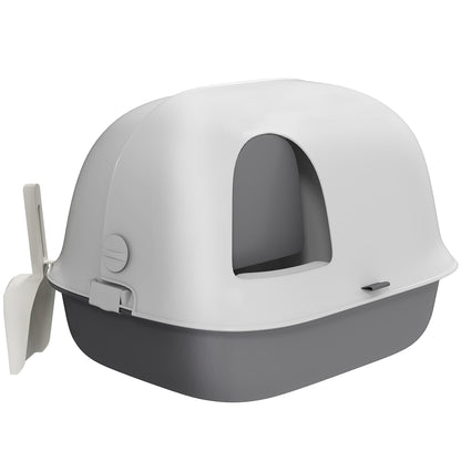 Cat Litter Box, Cat Toilet House, Semi-Enclosed Channel, with Door, Shovel, Front Open Roof, Sand Fall Holes, Easy Cleaning, 58 x 46 x 39 cm, Light Grey and White