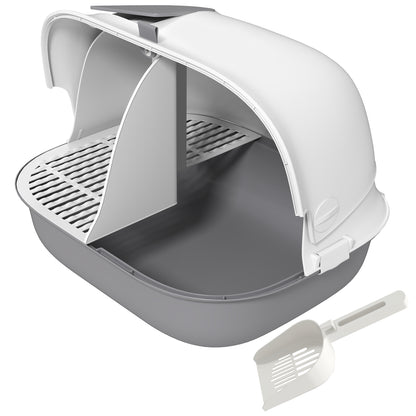 Cat Litter Box, Cat Toilet House, Semi-Enclosed Channel, with Door, Shovel, Front Open Roof, Sand Fall Holes, Easy Cleaning, 58 x 46 x 39 cm, Light Grey and White