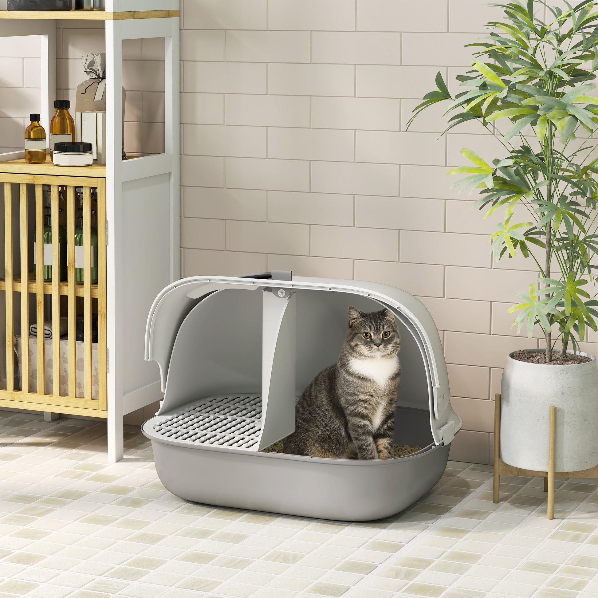 Cat Litter Box, Cat Toilet House, Semi-Enclosed Channel, with Door, Shovel, Front Open Roof, Sand Fall Holes, Easy Cleaning, 58 x 46 x 39 cm, Light Grey and White