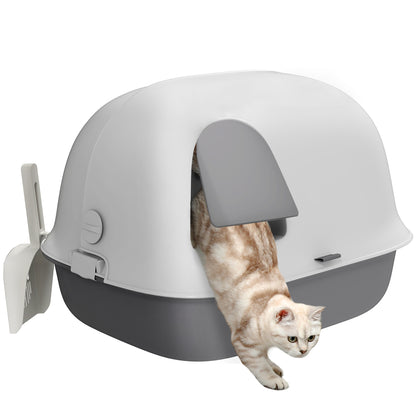 Cat Litter Box, Cat Toilet House, Semi-Enclosed Channel, with Door, Shovel, Front Open Roof, Sand Fall Holes, Easy Cleaning, 58 x 46 x 39 cm, Light Grey and White
