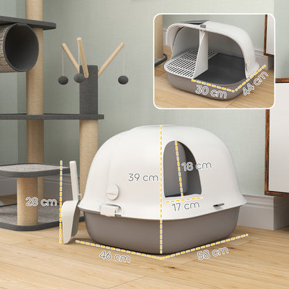 Cat Litter Box, Cat Toilet House, Semi-Enclosed Channel, with Door, Shovel, Front Open Roof, Sand Fall Holes, Easy Cleaning, 58 x 46 x 39 cm, Light Grey and White
