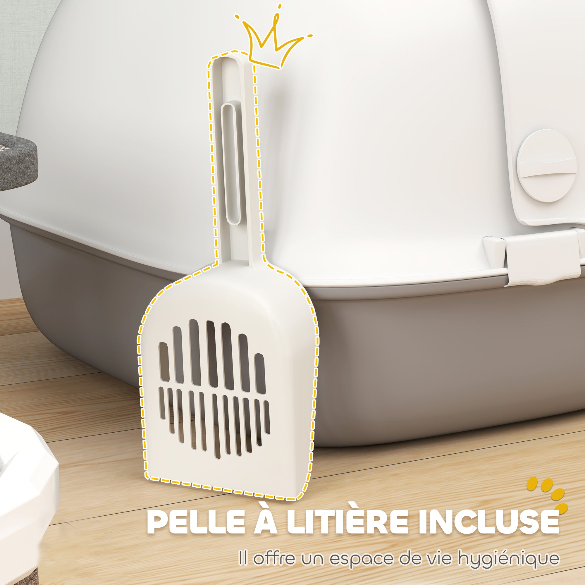 Cat Litter Box, Cat Toilet House, Semi-Enclosed Channel, with Door, Shovel, Front Open Roof, Sand Fall Holes, Easy Cleaning, 58 x 46 x 39 cm, Light Grey and White