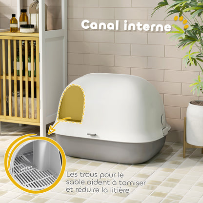 Cat Litter Box, Cat Toilet House, Semi-Enclosed Channel, with Door, Shovel, Front Open Roof, Sand Fall Holes, Easy Cleaning, 58 x 46 x 39 cm, Light Grey and White
