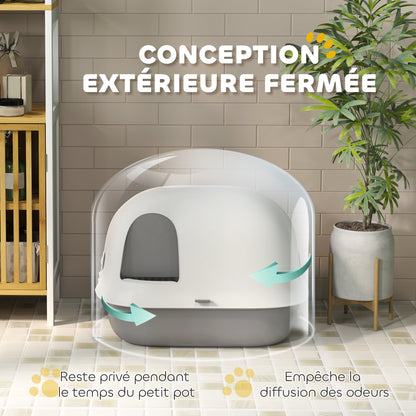 Cat Litter Box, Cat Toilet House, Semi-Enclosed Channel, with Door, Shovel, Front Open Roof, Sand Fall Holes, Easy Cleaning, 58 x 46 x 39 cm, Light Grey and White