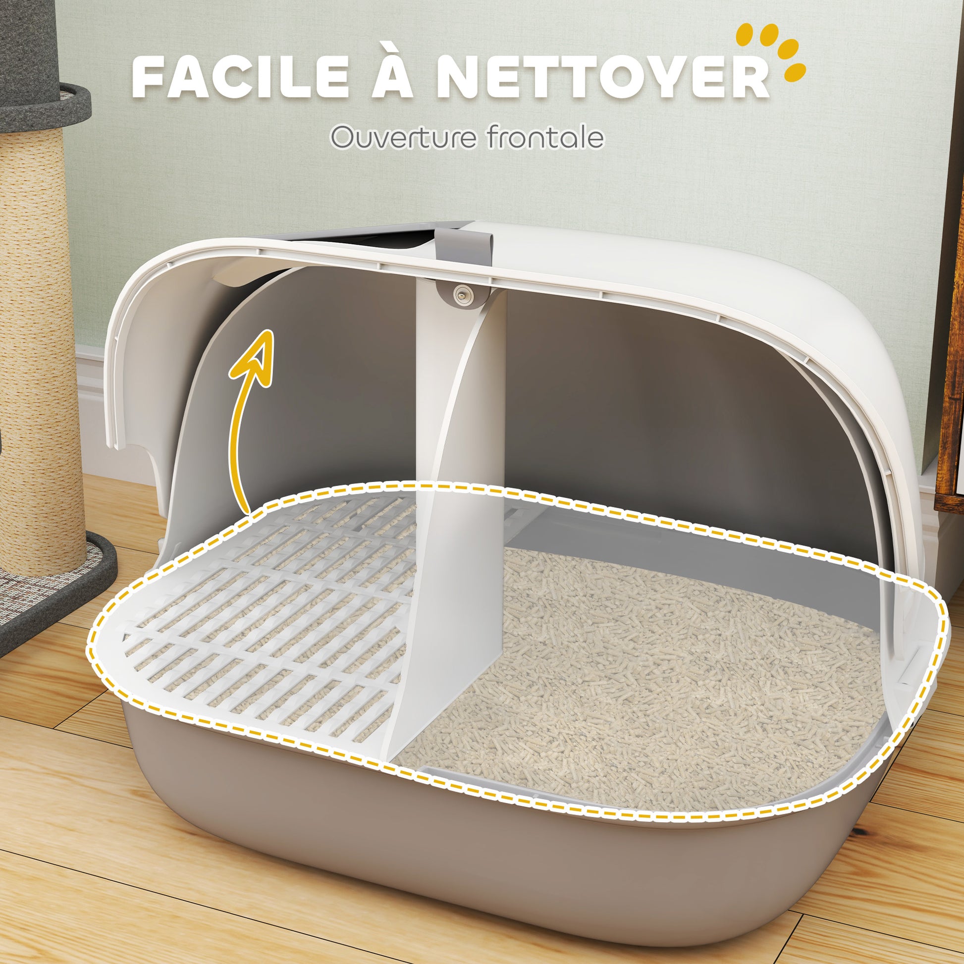 Cat Litter Box, Cat Toilet House, Semi-Enclosed Channel, with Door, Shovel, Front Open Roof, Sand Fall Holes, Easy Cleaning, 58 x 46 x 39 cm, Light Grey and White