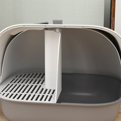 Cat Litter Box, Cat Toilet House, Semi-Enclosed Channel, with Door, Shovel, Front Open Roof, Sand Fall Holes, Easy Cleaning, 58 x 46 x 39 cm, Light Grey and White