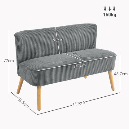 Sofa 2 Seater Modern Couch without Armrest Upholstered Sofa with Corduroy Look, Small Lounge Sofa with Wooden Legs for Living Room, 117 x 56.5 x 77 cm, Gray