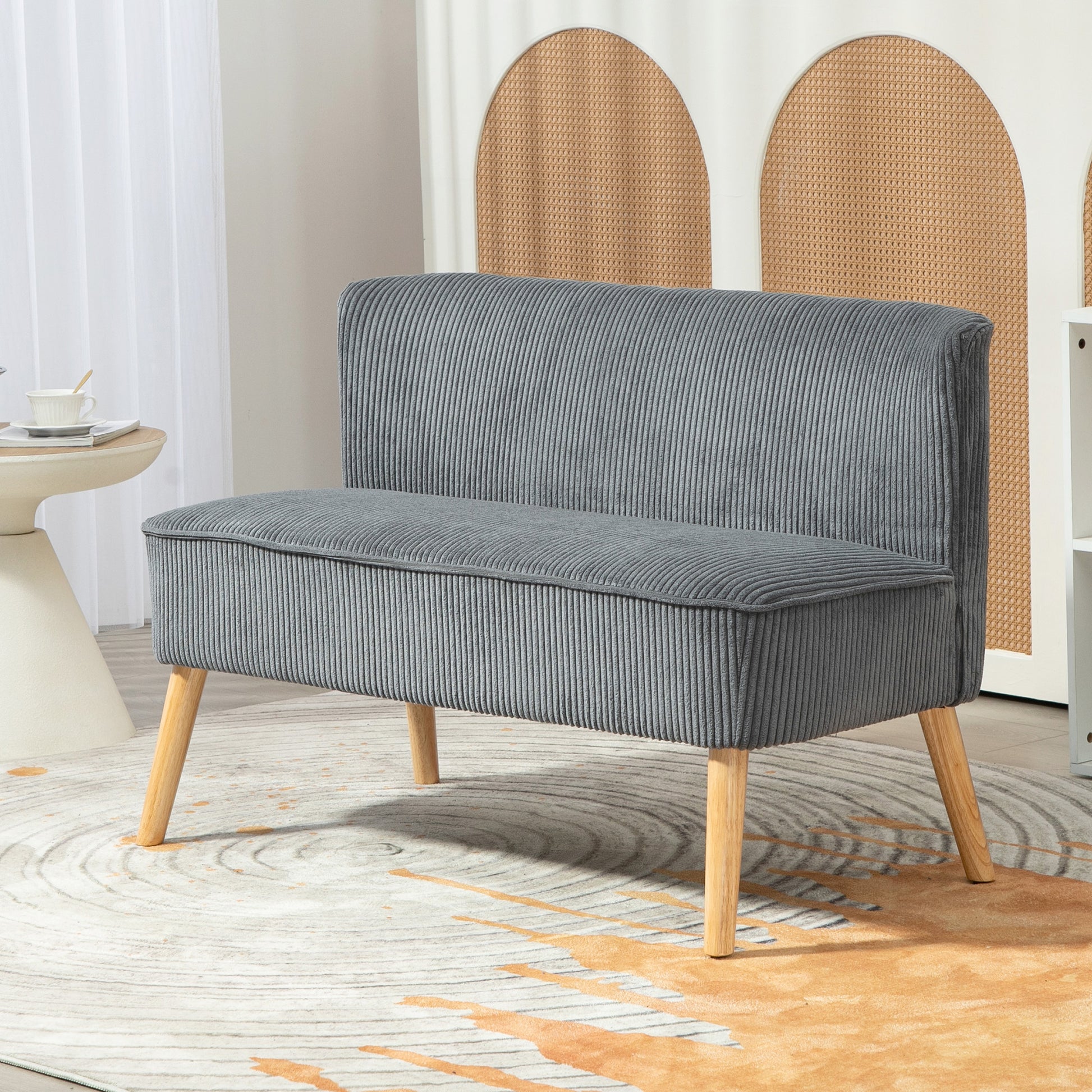 Sofa 2 Seater Modern Couch without Armrest Upholstered Sofa with Corduroy Look, Small Lounge Sofa with Wooden Legs for Living Room, 117 x 56.5 x 77 cm, Gray