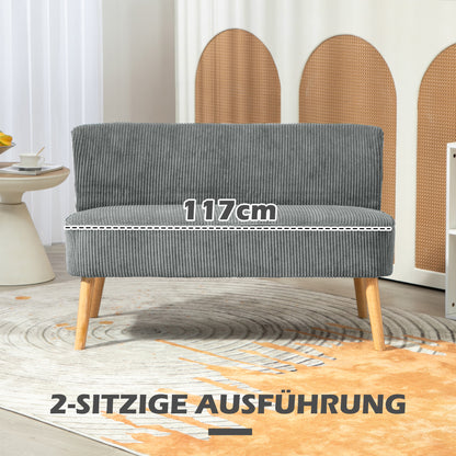 Sofa 2 Seater Modern Couch without Armrest Upholstered Sofa with Corduroy Look, Small Lounge Sofa with Wooden Legs for Living Room, 117 x 56.5 x 77 cm, Gray