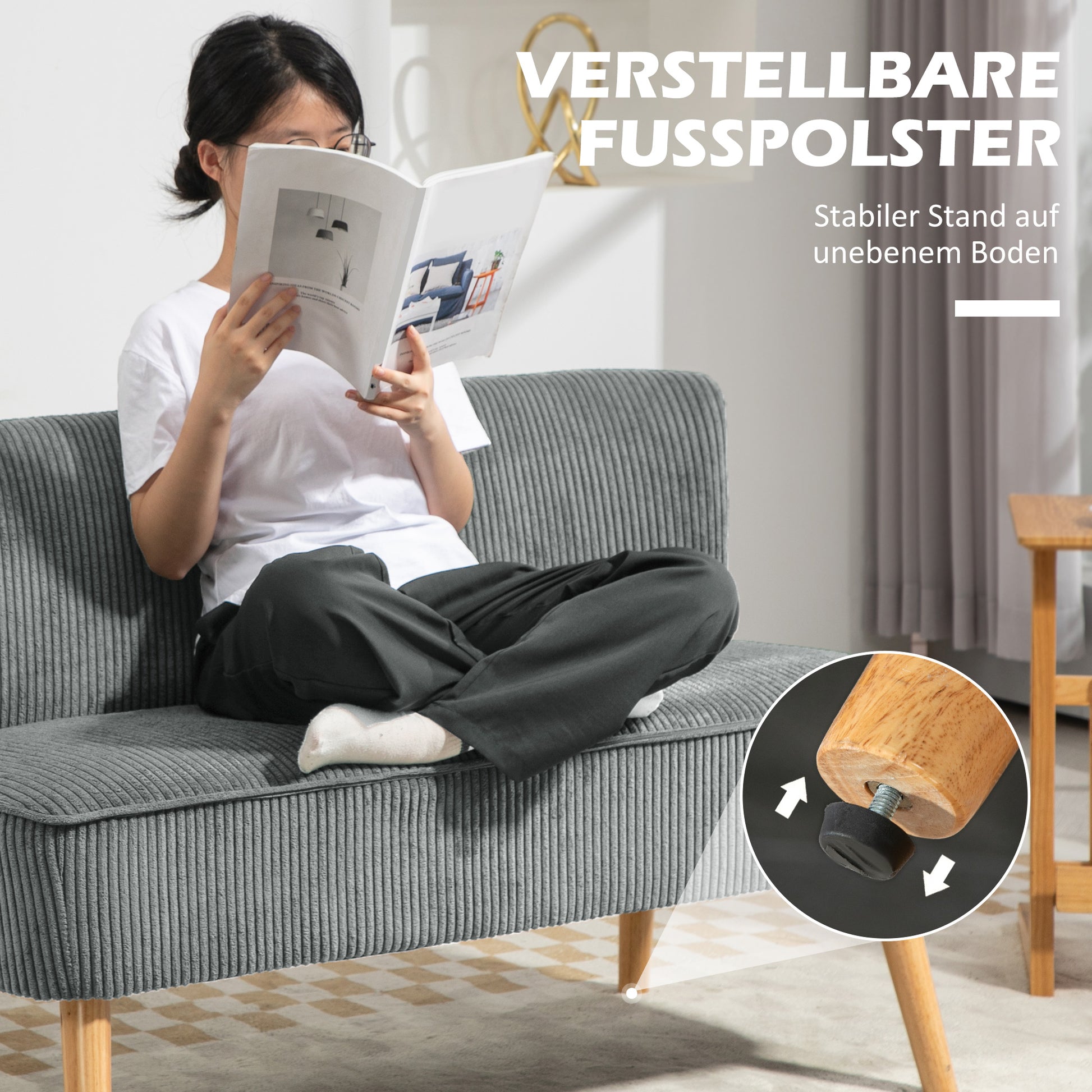 Sofa 2 Seater Modern Couch without Armrest Upholstered Sofa with Corduroy Look, Small Lounge Sofa with Wooden Legs for Living Room, 117 x 56.5 x 77 cm, Gray