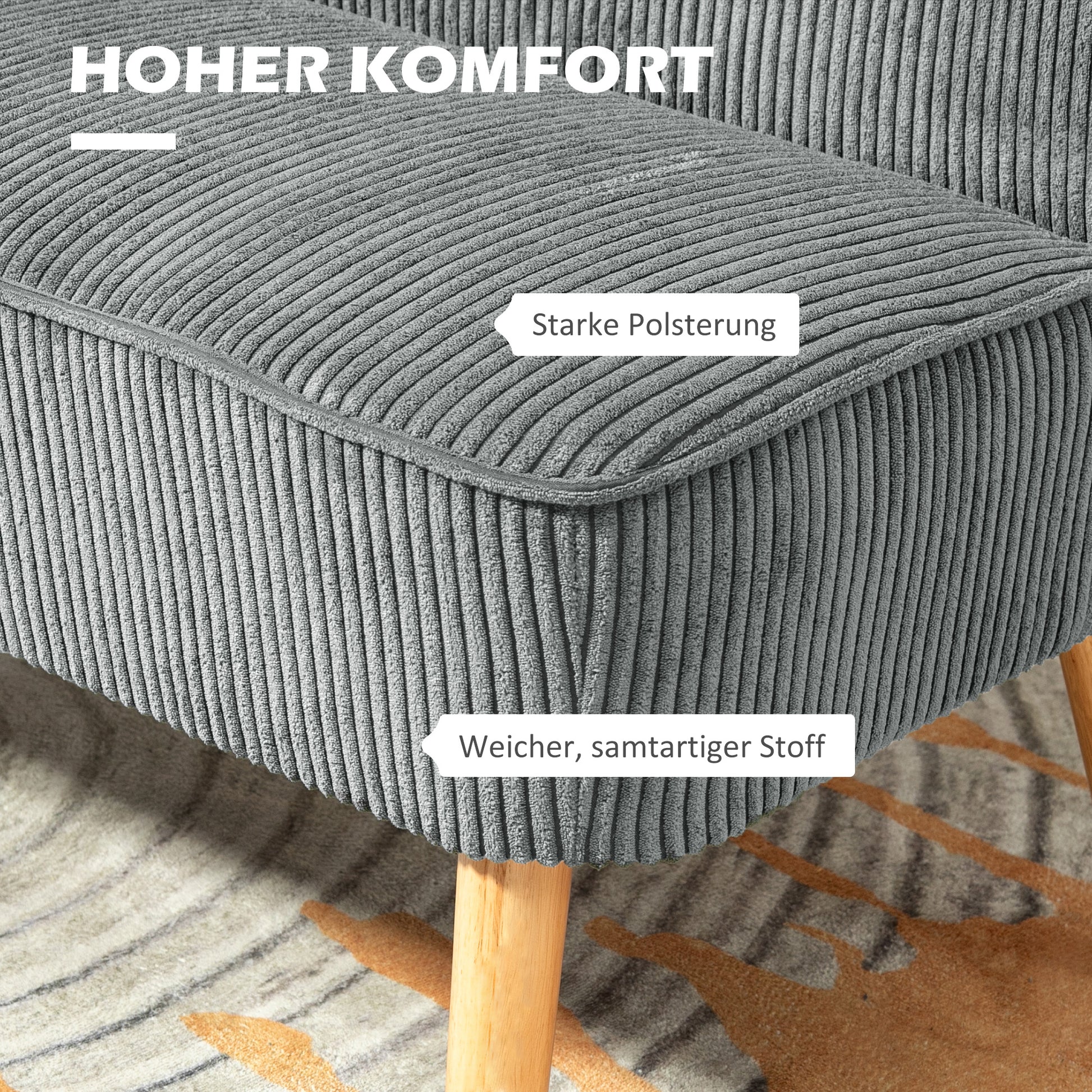 Sofa 2 Seater Modern Couch without Armrest Upholstered Sofa with Corduroy Look, Small Lounge Sofa with Wooden Legs for Living Room, 117 x 56.5 x 77 cm, Gray