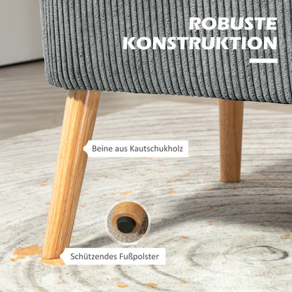 Sofa 2 Seater Modern Couch without Armrest Upholstered Sofa with Corduroy Look, Small Lounge Sofa with Wooden Legs for Living Room, 117 x 56.5 x 77 cm, Gray