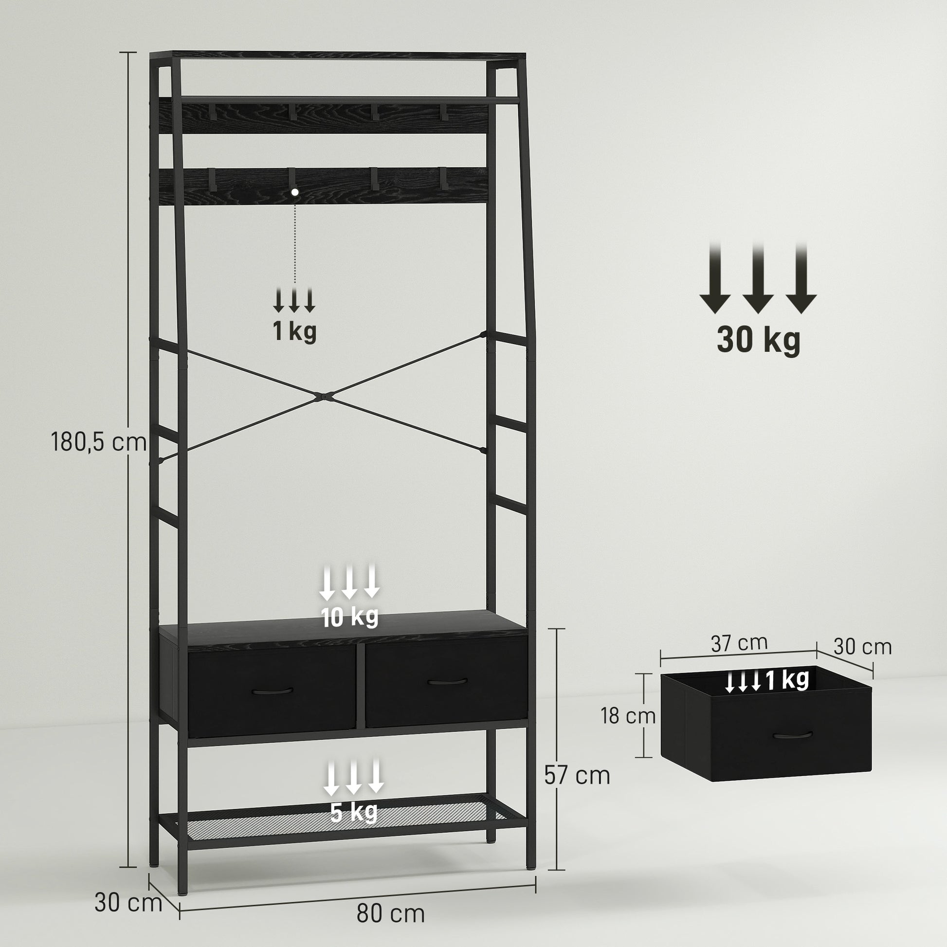 Coat Stand, Clothes Rail with Shoe Rack, 2 Fabric Drawers, Coat Rack with 8 Hooks, Shelf, Coat Stand with Tip-Over Protection, for Entryway, Hallway, Bedroom, Black