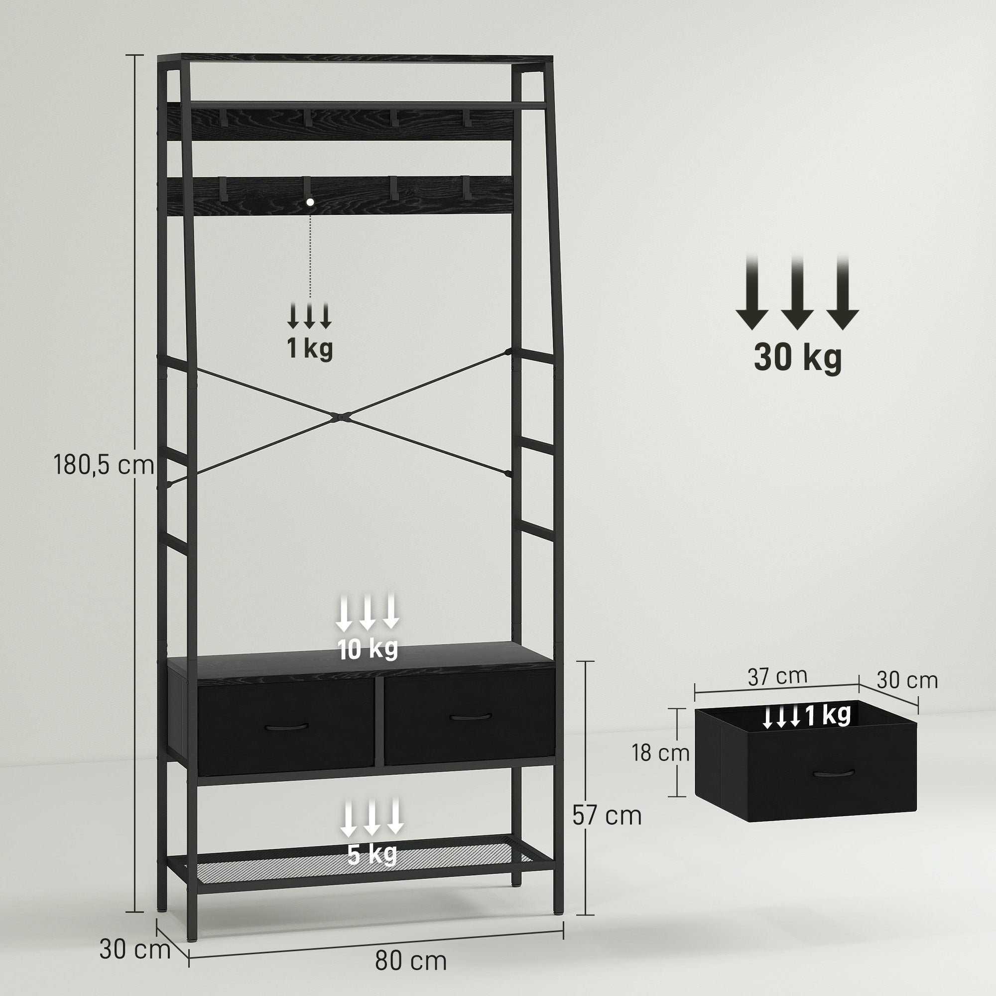 Coat Stand, Clothes Rail with Shoe Rack, 2 Fabric Drawers, Coat Rack with 8 Hooks, Shelf, Coat Stand with Tip-Over Protection, for Entryway, Hallway, Bedroom, Black