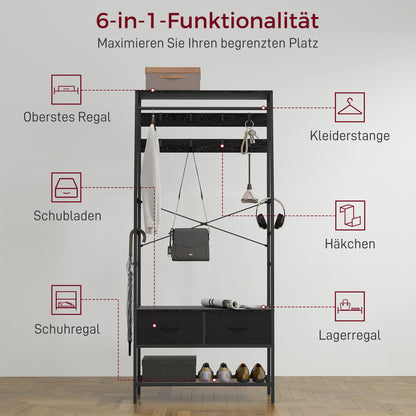 Coat Stand, Clothes Rail with Shoe Rack, 2 Fabric Drawers, Coat Rack with 8 Hooks, Shelf, Coat Stand with Tip-Over Protection, for Entryway, Hallway, Bedroom, Black