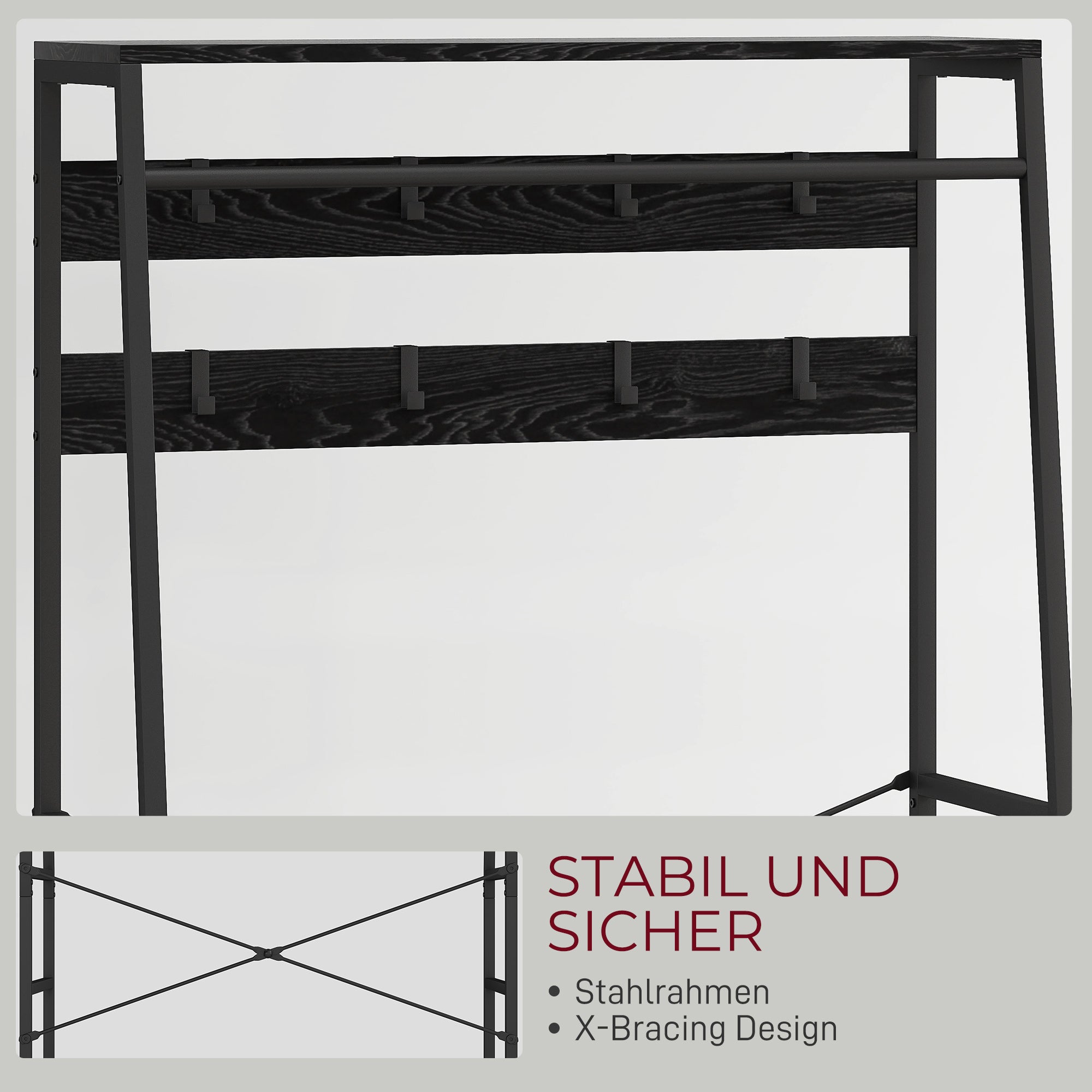 Coat Stand, Clothes Rail with Shoe Rack, 2 Fabric Drawers, Coat Rack with 8 Hooks, Shelf, Coat Stand with Tip-Over Protection, for Entryway, Hallway, Bedroom, Black