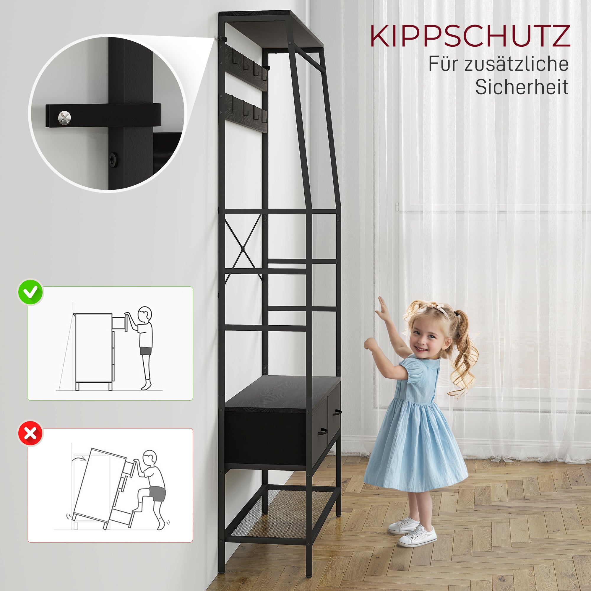 Coat Stand, Clothes Rail with Shoe Rack, 2 Fabric Drawers, Coat Rack with 8 Hooks, Shelf, Coat Stand with Tip-Over Protection, for Entryway, Hallway, Bedroom, Black
