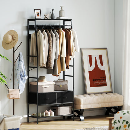 Coat Stand, Clothes Rail with Shoe Rack, 2 Fabric Drawers, Coat Rack with 8 Hooks, Shelf, Coat Stand with Tip-Over Protection, for Entryway, Hallway, Bedroom, Black
