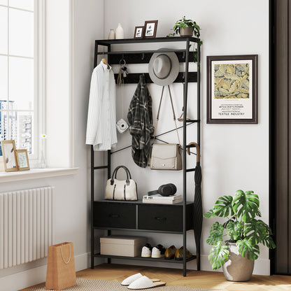 Coat Stand, Clothes Rail with Shoe Rack, 2 Fabric Drawers, Coat Rack with 8 Hooks, Shelf, Coat Stand with Tip-Over Protection, for Entryway, Hallway, Bedroom, Black