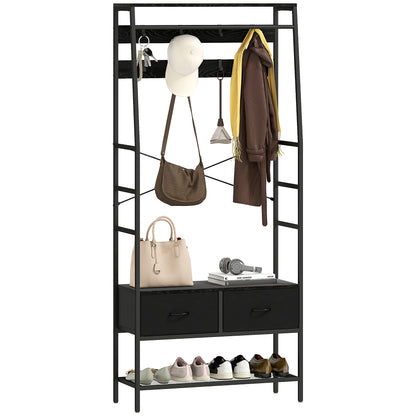 Coat Stand, Clothes Rail with Shoe Rack, 2 Fabric Drawers, Coat Rack with 8 Hooks, Shelf, Coat Stand with Tip-Over Protection, for Entryway, Hallway, Bedroom, Black