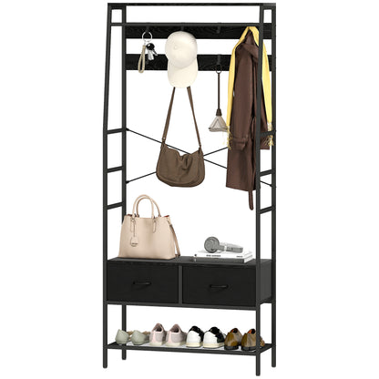 Coat Stand, Clothes Rail with Shoe Rack, 2 Fabric Drawers, Coat Rack with 8 Hooks, Shelf, Coat Stand with Tip-Over Protection, for Entryway, Hallway, Bedroom, Black