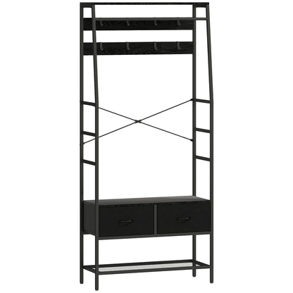 Coat Stand, Clothes Rail with Shoe Rack, 2 Fabric Drawers, Coat Rack with 8 Hooks, Shelf, Coat Stand with Tip-Over Protection, for Entryway, Hallway, Bedroom, Black