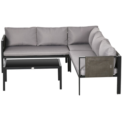 4-Piece Garden Set with 2 Two-Seater Sofas, Corner Armchair, and Tempered Glass Coffee Table, in Gray and Black