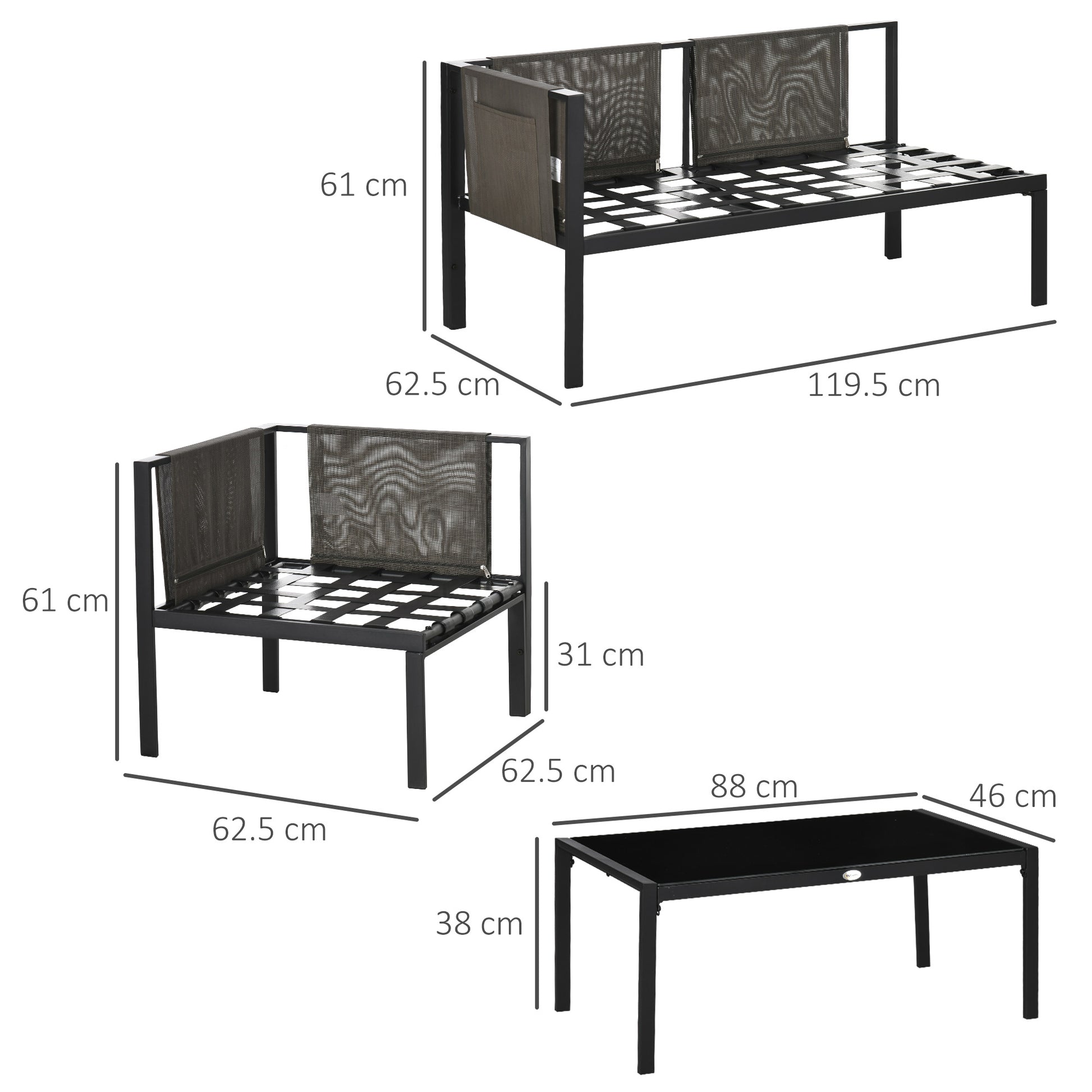 4-Piece Garden Set with 2 Two-Seater Sofas, Corner Armchair, and Tempered Glass Coffee Table, in Gray and Black