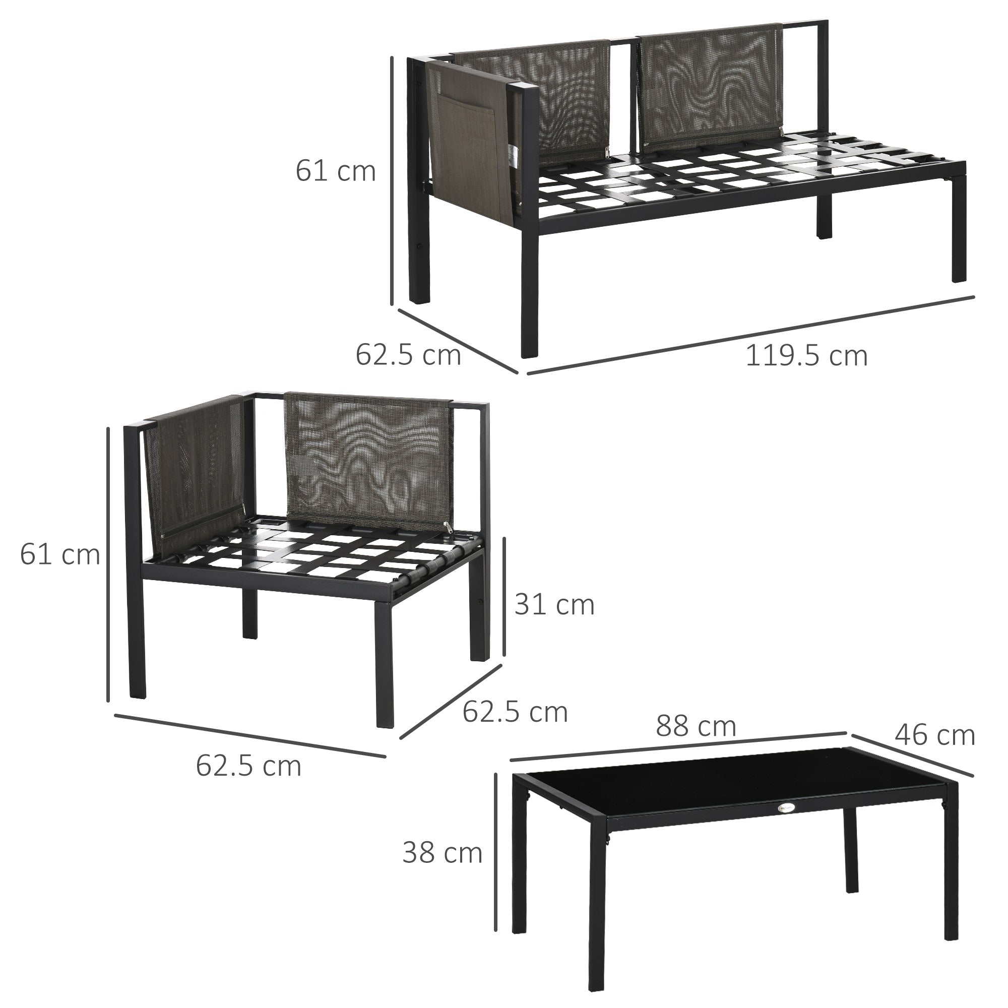 4-Piece Garden Set with 2 Two-Seater Sofas, Corner Armchair, and Tempered Glass Coffee Table, in Gray and Black